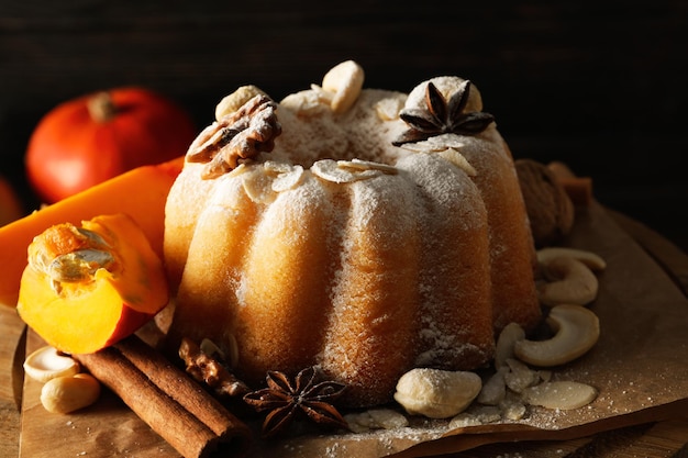 Concept of Autumn vibe food Pumpkin cake