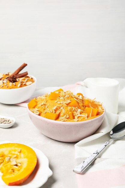 Concept of Autumn vibe food Pumpkin porridge space for text