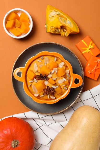 Concept of Autumn vibe food Pumpkin porridge top view