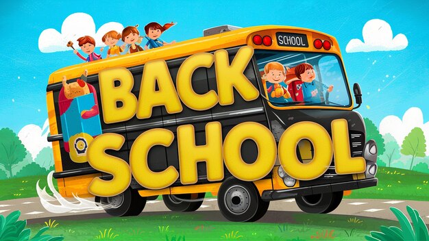 Concept for back to school School bus with kids Backpack with stationery items