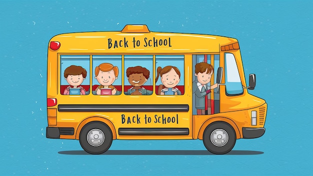 Concept for back to school School bus with kids Backpack with stationery items