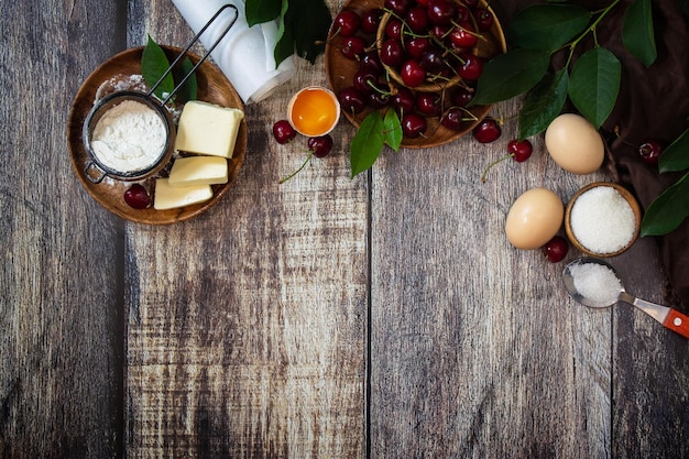 Concept baking seasonal Ingredients for cherry pie Top view of a flat lay  Copy space