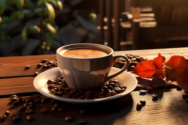 Concept BannerMany coffee beans are laid on wooden barrels and all around and there are coffee cup