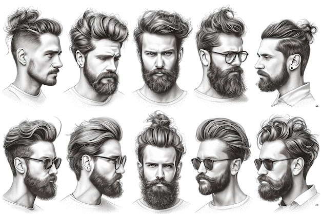 Concept barber salon Set of portraits of handsome hipster men with different hairstyles and beards on a light background