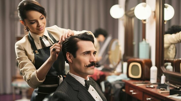 Concept of barbershop elegant man gets a hair trimming from female hairdresser