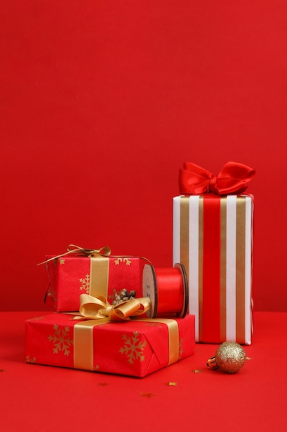 Concept of beautiful christmas present gift boxes space for text