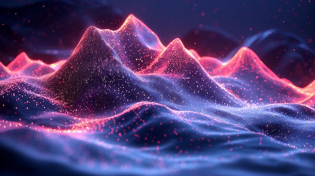 Foto il concetto di big data abstract digital mountains range landscape with glowing light dots wireframe illustration with low poly on technology blue background