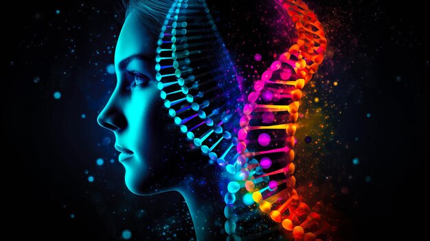 生成された暗い背景に DNA 分子人間の顔の DNA を使用した生化学の概念 AI が生成