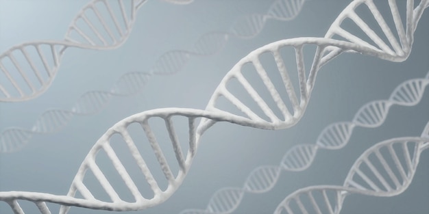 파란색 배경에 흰색 DNA 나선 유전자 또는 유전 분자가 있는 생물학의 개념. 3d 그림