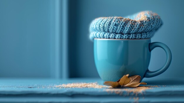 Photo concept of blue monday with a blue cup with scarf coffee on a blue background