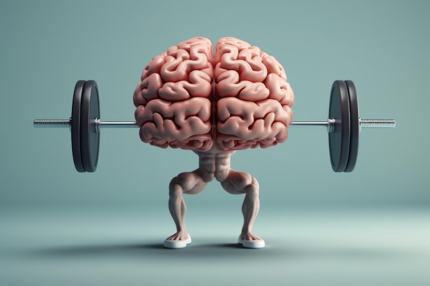 Концепция тренировки мозга. Мультфильм о мозге со штангой посередине.