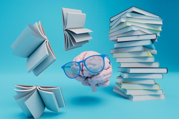 파란색 배경에 있는 책 더미 사이에서 안경을 쓰고 두뇌를 훈련하는 동안 두뇌 작업의 개념