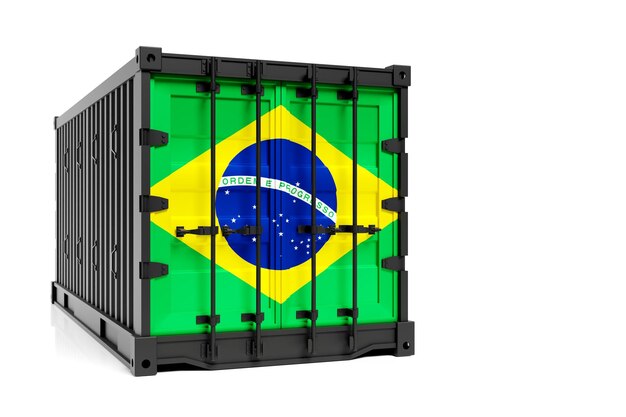 브라질 수출입 컨테이너 운송 및 상품의 국가 배송 개념 브라질 국기가 있는 운송 컨테이너 보기 전면