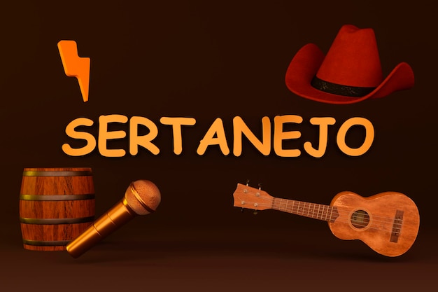 Concept of Brazilian sertanejo music Cowboy hat guitar microphone on brown background 3d render