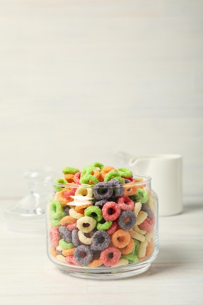 Concept of breakfast food colorful corn flakes close up