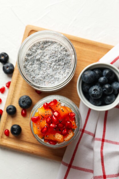 Concept of breakfast with delicious chia pudding with fruits