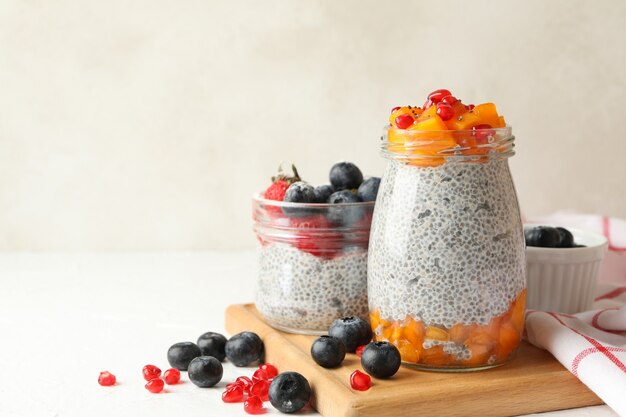 Concept of breakfast with delicious chia pudding with fruits