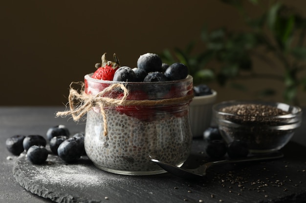 Concept of breakfast with delicious chia pudding