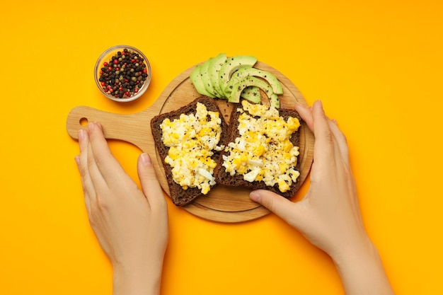 Concept of breakfast with tasty food top view