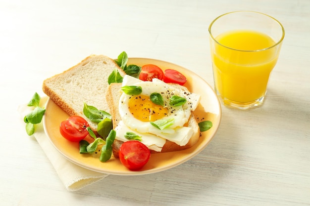 Concept of breakfast with tasty homemade sandwich