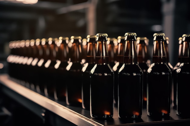 Concept brewery plant production line Glass bottles of beer on dark background with sun light AI