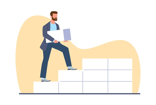 Concept of building business company male businessman builds wall of bricks Startup development successful strategy Entrepreneur or manager working cartoon flat isolated vector illustration