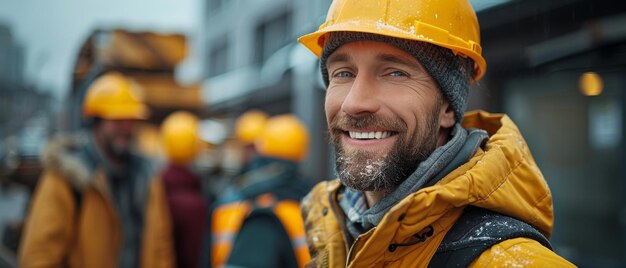 Concept of building industry technology and people smiling builder in hardhat with tablet pc computer at construction site over group of builders