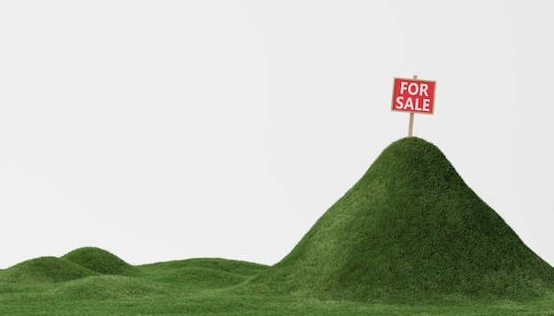 concept of business land or sale. green mountain with the red for sale label or sign on background