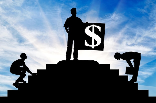 Concept of business. Silhouette of a businessman at the top of the stairs with a dollar sign and competitors