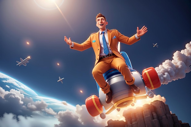 Concept of business startup launching of a new company businessman flying on a rocket up 3d illustration