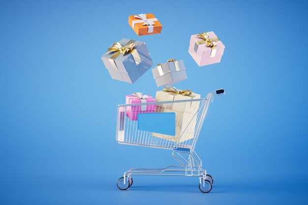 The concept of buying gifts gift boxes and cart for goods on a blue background 3D render