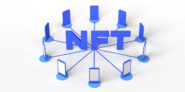 Concept of buying and selling non fungible NFT token connected to smartphones Cryptoart