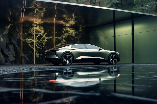 Concept car in a garage with a green wall and a reflection of trees.