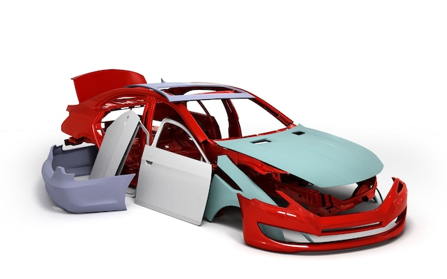 Concept car verniciato rosso corpo e parti innescate vicino isolato su sfondo bianco rendering 3d