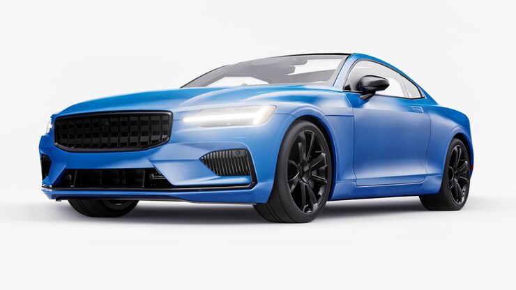 Photo concept car sports premium coupe. blue car on white background. plug-in hybrid. technologies of eco-friendly transport. 3d rendering.