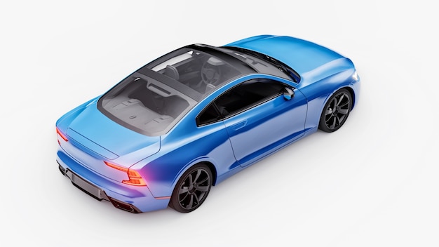 Концепт-кар спортивного премиум-класса купе. Синий автомобиль на белом фоне. Подключаемый гибрид. Технологии экологичного транспорта. 3D-рендеринг.