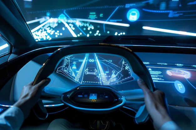 Foto un concept car con un sistema di realtà aumentata blu generative ai