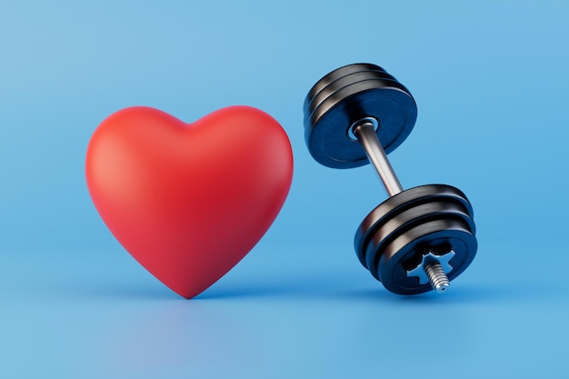 The concept of cardio loads heart and dumbbell on a blue background 3D render