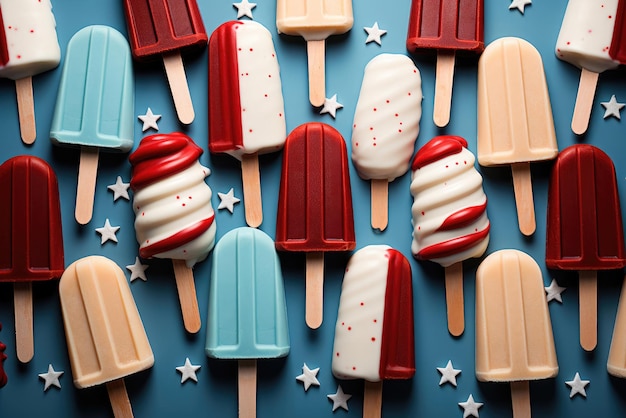 Concept celebrating America's Independence Day on July 4 Top view flat image of pattern of ice cream