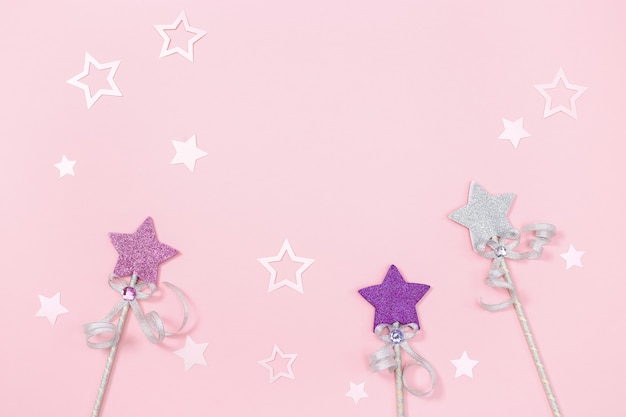 Concept of children girl birthday party Bright stars and paper festive decor