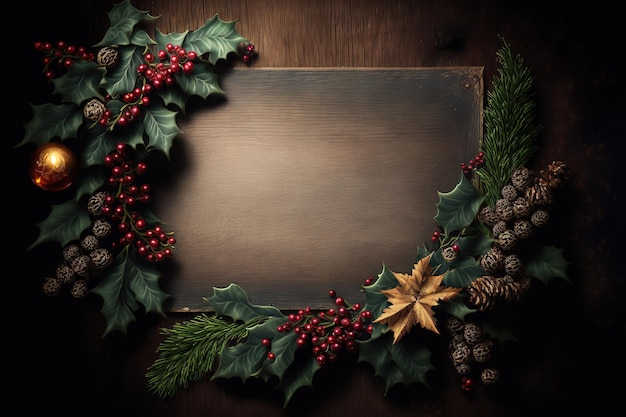 Concept for a Christmas card with a handcrafted ornamentation and copy space on a dark hardwood background