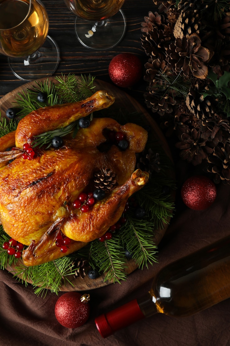 Photo concept of christmas roast turkey on wooden table
