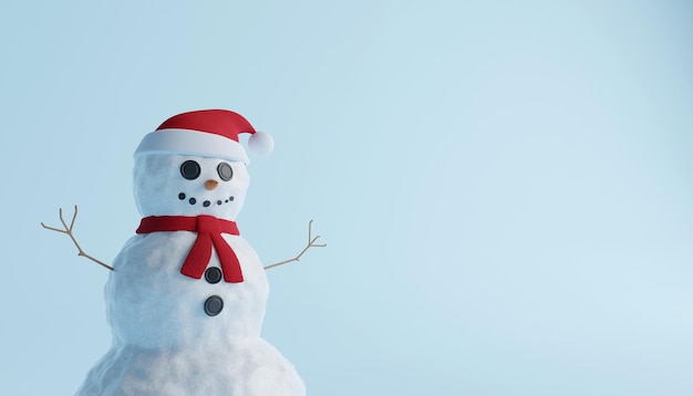 concept of Christmas white happy snowman with red scarf and Santa hat on blue background. 3D