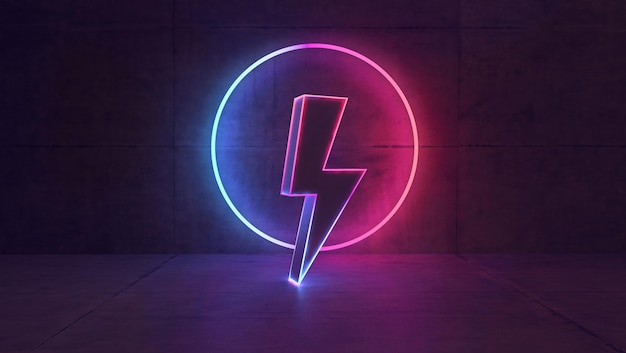 The concept of circle and thunderbolt figures created with colorful neon lighting 3D rendering