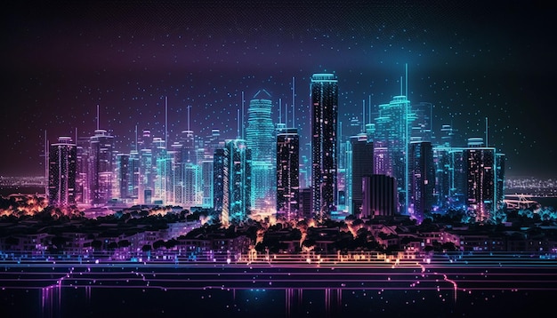 Concept of the city of the future in neon colors