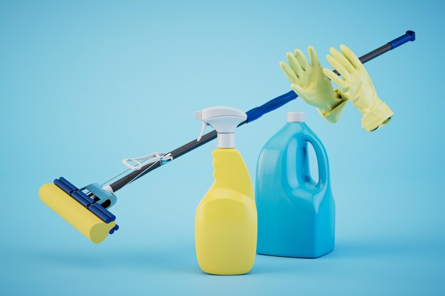 The concept of cleaning the house gloves detergent and a mop on a blue background 3D render