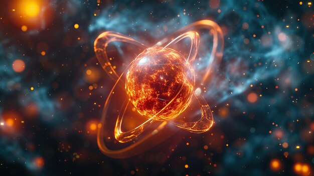 Concetto di un'immagine in primo piano di un modello atomico per l'energia nucleare scifi sfondo a colori generativa ai