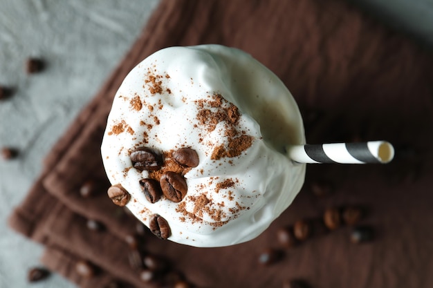 Concept of cold drink with ice coffee, top view