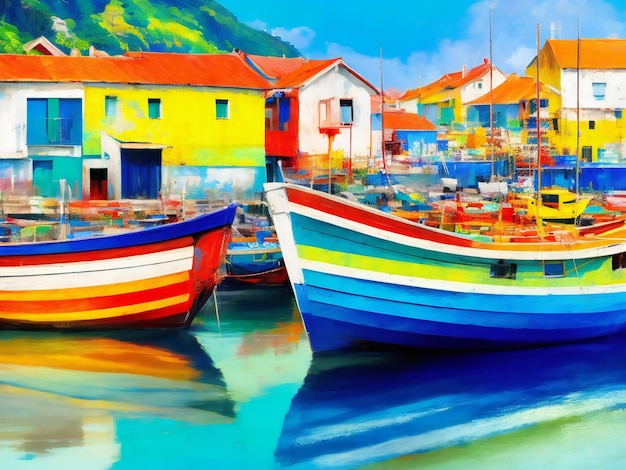 Concept colorful modern abstract art in fishing village of coastal line ai generated
