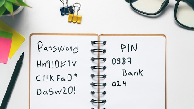 The concept of complex passwords, pin code for the bank written in a notepad.